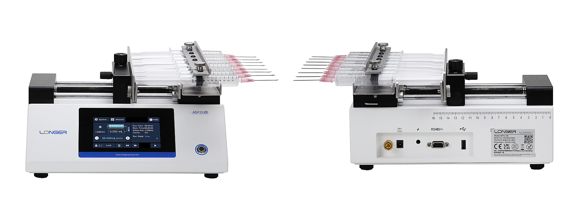 Image of the ASP12-8B syringe pump front and back