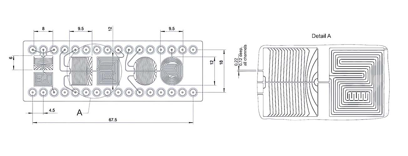 Dimensions de la puce de mélangeur à guide de phase passif avec ports mini Luer