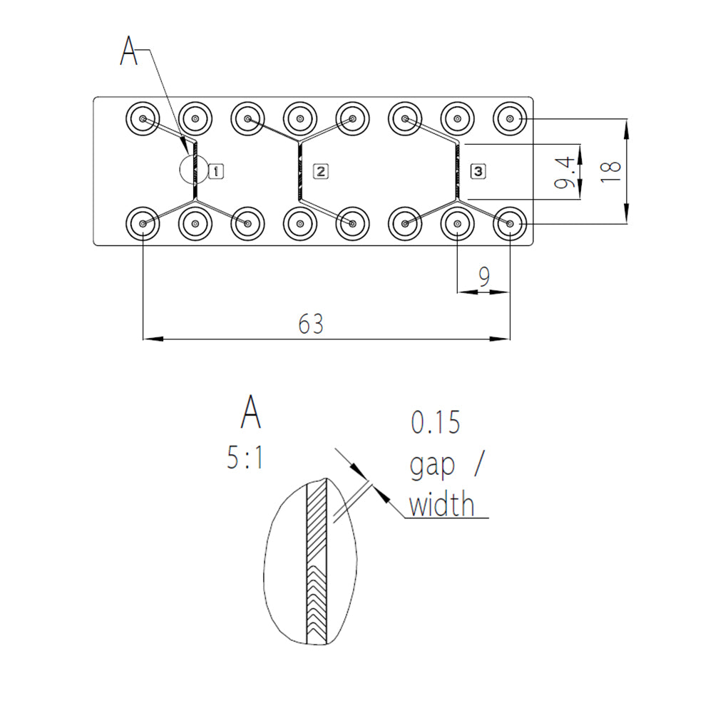 Dimensions and details of the passive herringbone mixer chip