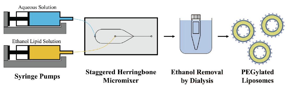 Schematic of a setup with a herringbone mixer to form liposomes