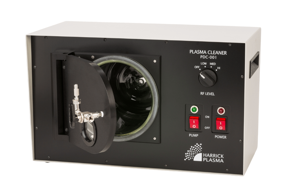 Harrick Plasma Expanded Plasma Cleaner front view with viewing window and large Pyrex chamber