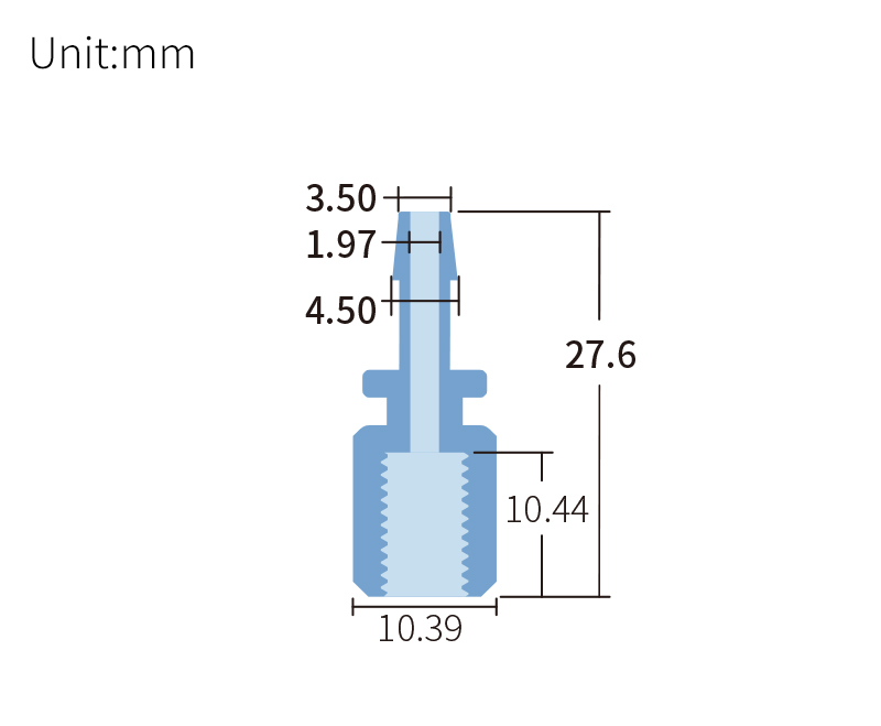 technical drawing of Barb to female adapter for 1/4-28 (pack of 10) - PTFE AD-015