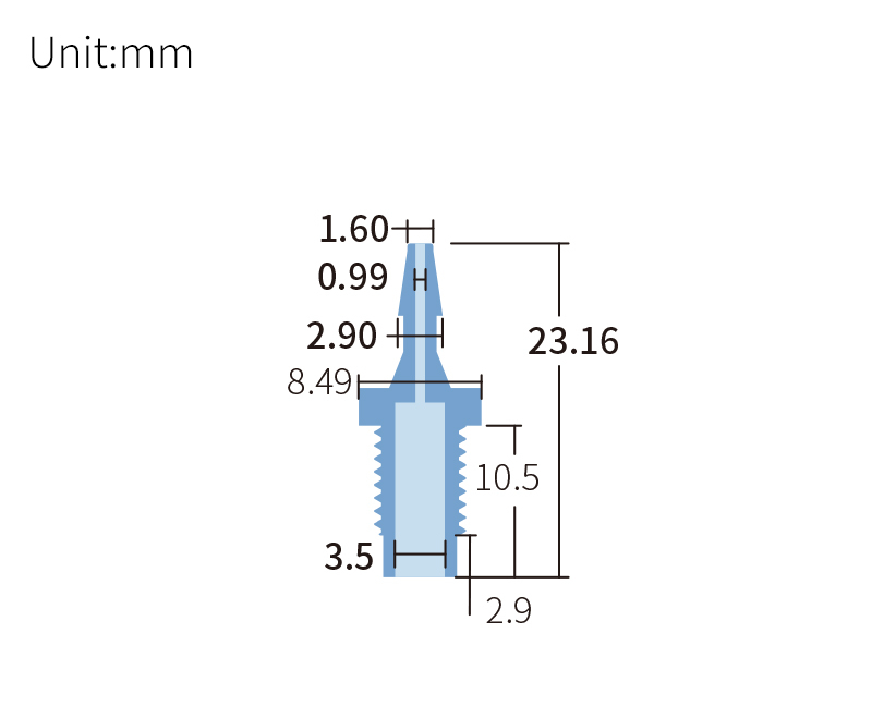 technical drawing of Barb to male adapter for 1/4-28 (pack of 10) - PTFE AD-019