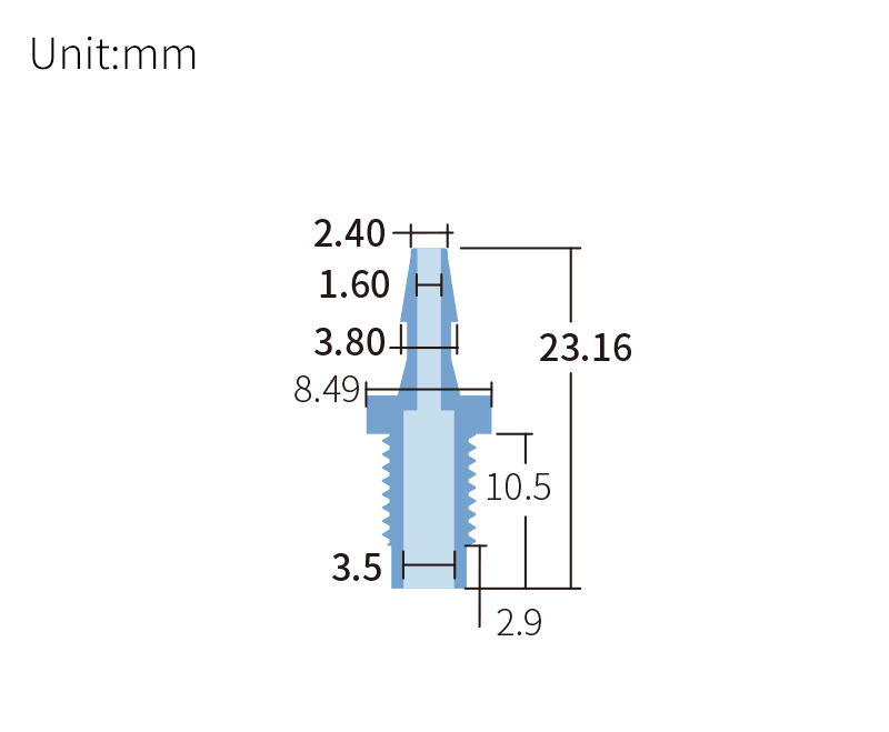 technical drawing of Barb to male adapter for 1/4-28 (pack of 10) - PTFE AD-020