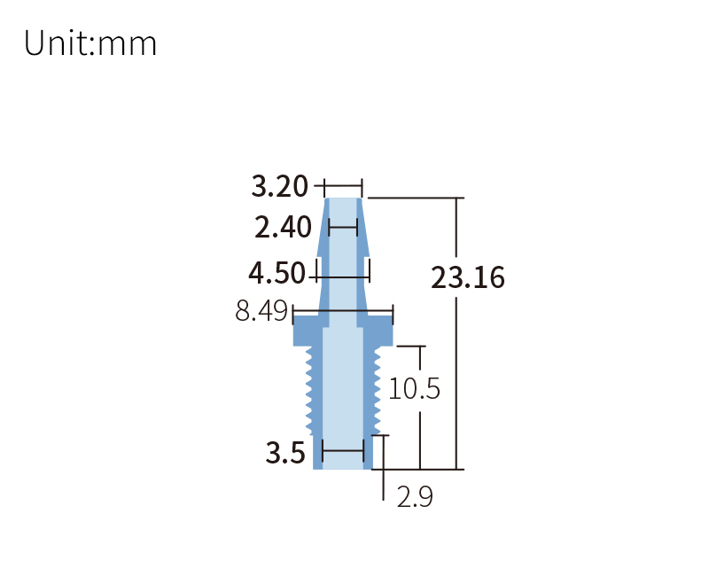 technical drawing of Barb to male adapter for 1/4-28 (pack of 10) - PTFE AD-021