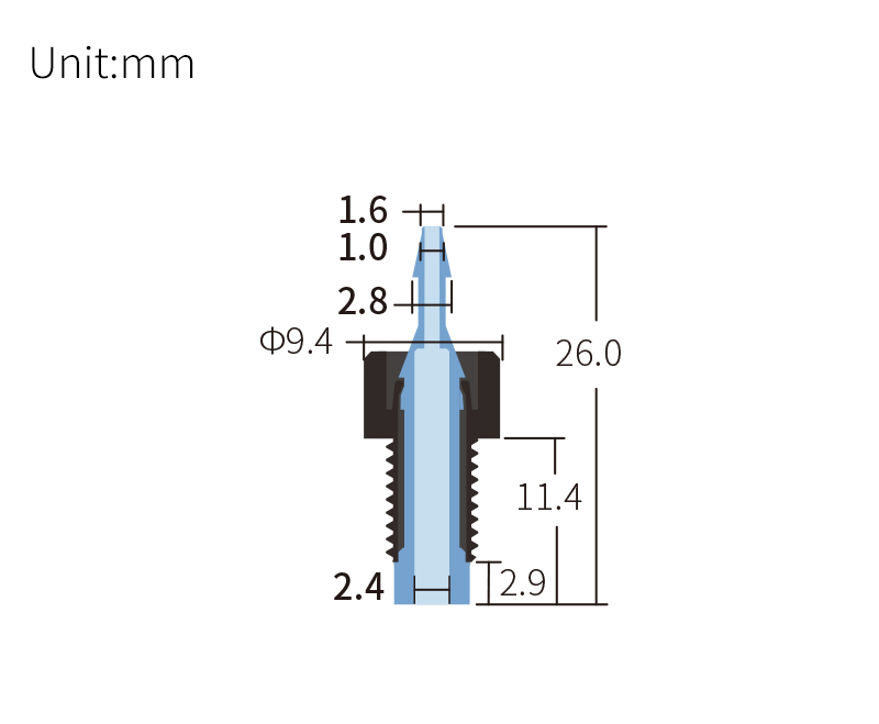 technical drawing of 1/4-28 Male to Barbed Anti-Twist Adapter (10-pack) - PP + PPS AD-040