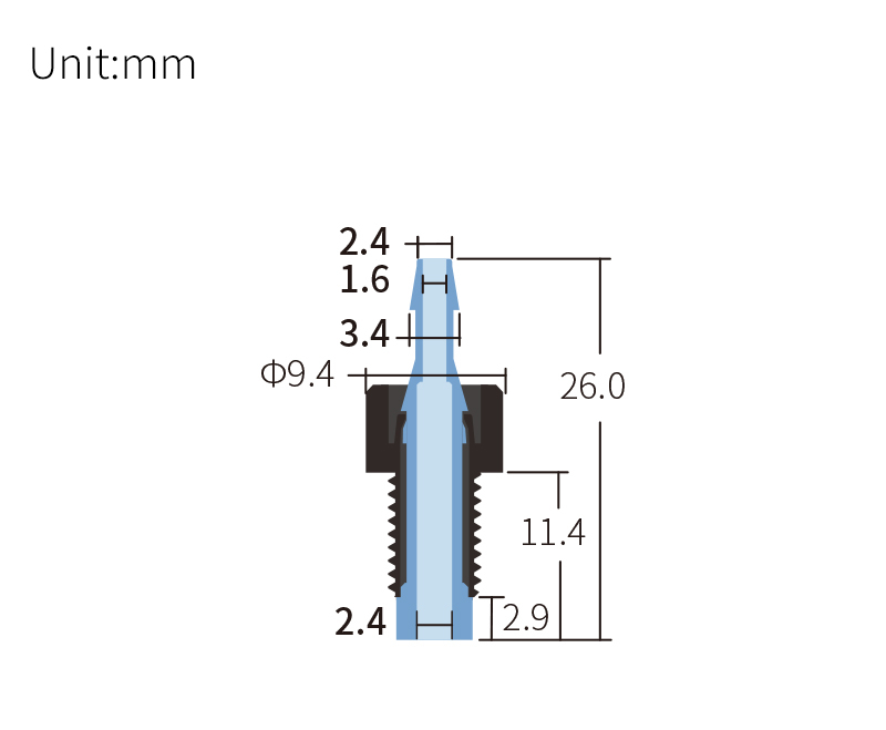 technical drawing of 1/4-28 Male to Barbed Anti-Twist Adapter (10-pack) - PP + PPS AD-042