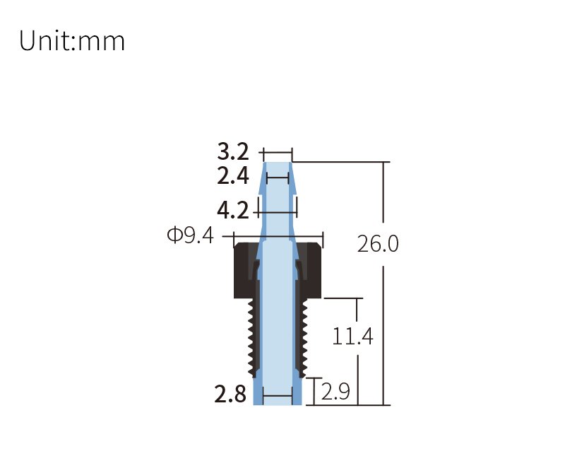 technical drawing of 1/4-28 Male to Barbed Anti-Twist Adapter (10-pack) - PP + PPS AD-044