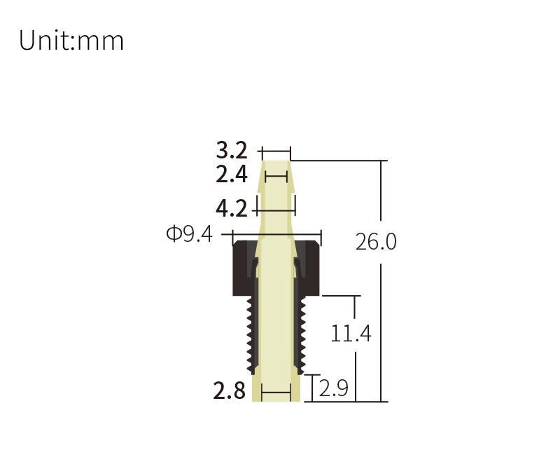technical drawing of 1/4-28 Male to Barbed Anti-Twist Adapter (10-pack) - PPS AD-045