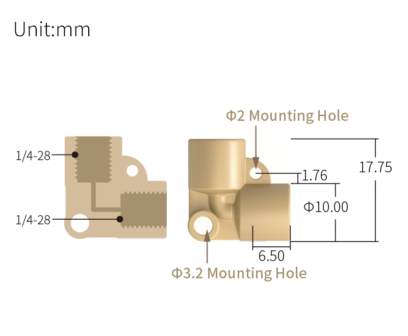 technical drawing of female thread Elbow adapter 1/4-28 - PEEK AD-057