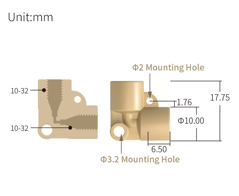 technical drawing of female thread Elbow adapter for 10-32 - PEEK AD-047