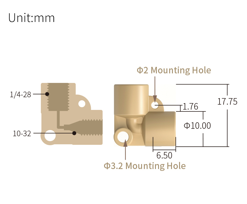 technical drawing of female thread Elbow adapter 1/4-28 to 10-32 - PEEK AD-048