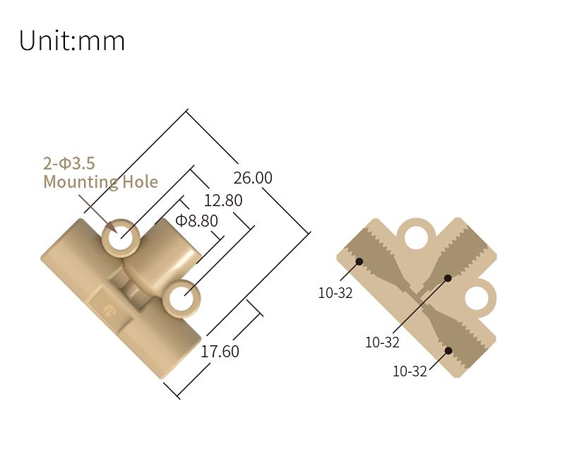 technical drawing of female thread T adapter 10-32 - PEEK AD-058