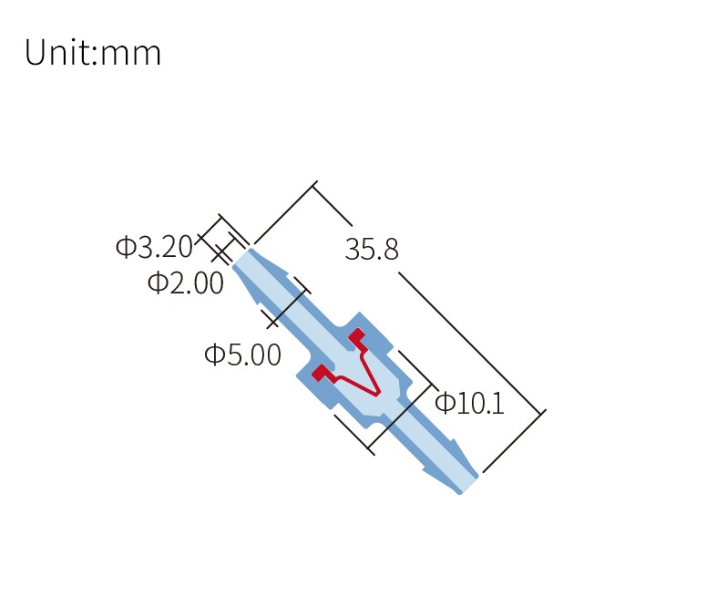 Technical drawing of check valve, barbed end 1/8 inch, compatible tubing ID 2.5–4.0 mm, SKU DM-VA-002