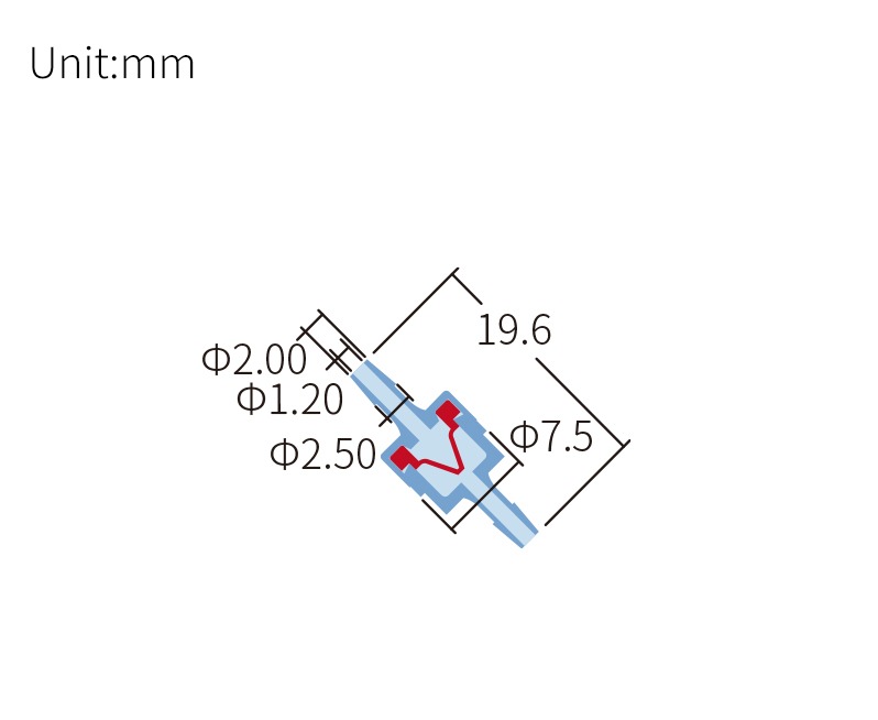 Technical drawing of check valve, barbed end 1/16 inch, compatible tubing ID 1.0–1.6 mm, SKU DM-VA-004